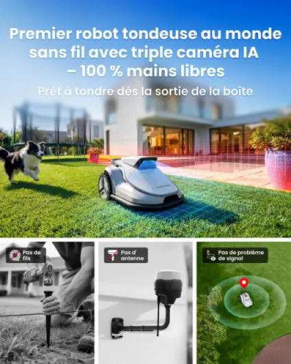 TerraMow V600 Robot Tondeuse avec Garage, Technologie Tri-AI Vision, sans Fil Périphérique ni RTK, Cartographie Automatique, jusqu'à 600㎡, Navigation Visuelle, Évitement d'Obstacles IA V600 Max 600㎡