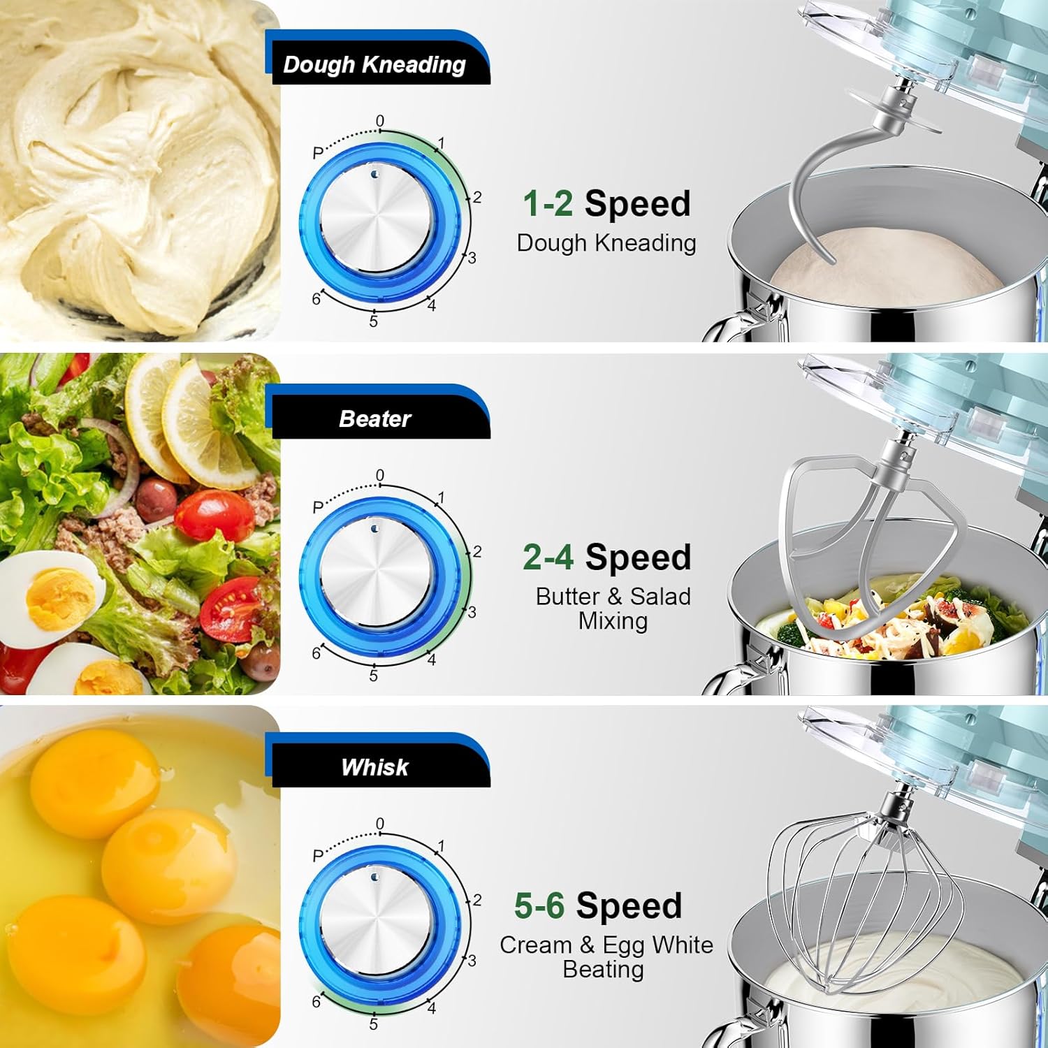Robot Pâtissier 2000W Robot Pétrin Professionnel 8 L Faible Bruit Robot de Cuisine Multifonction avec Fouet, Batteur, Crochet, Bol d'Acier Inoxydable, 6 Vitesses Blue