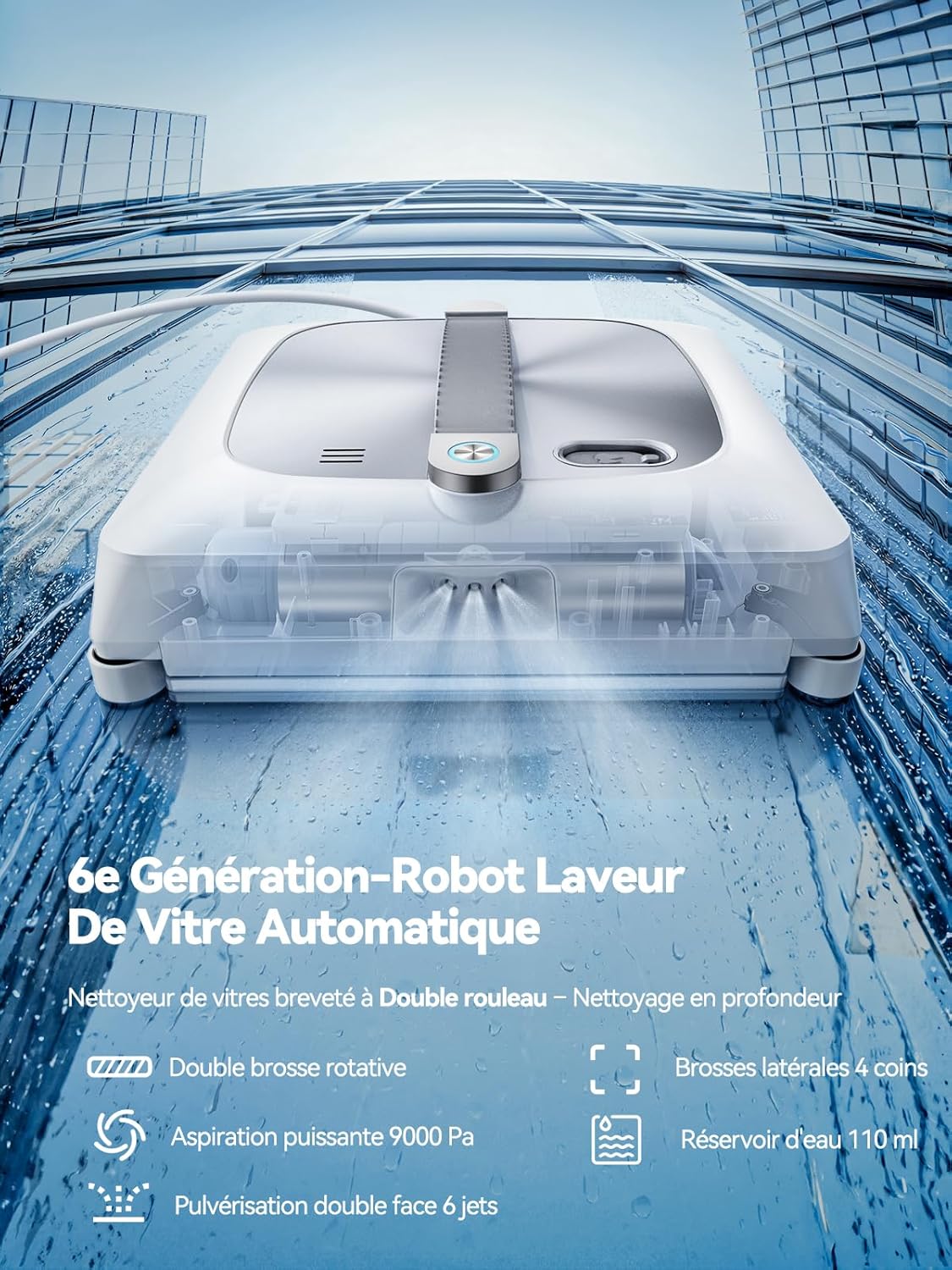 Robot Laveur de Vitre 6e Génération 2026 - Double Rouleau, 4 Brosses d'Angle, 9000Pa, 6 Buses, 110ml, Navigation Intelligente, Fréquence Nettoyage Variable & Protection Antichute,Robot Nettoyeur Vitre