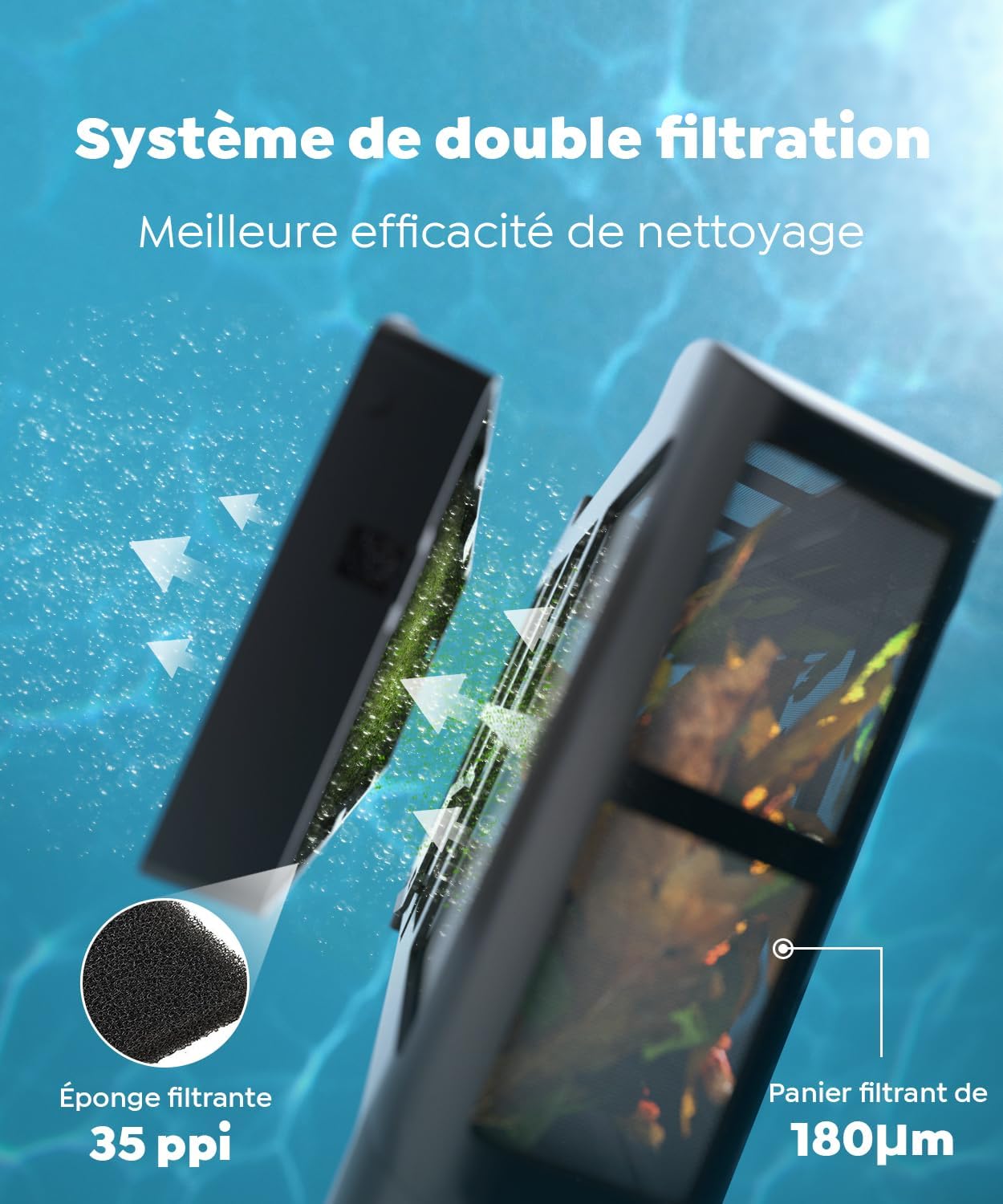 C1 Robot de Piscine sans Fil, Robot Piscine Fond et Parois,Double Filtration, Autonomie 170-180 Min,3 Moteurs,Forte Aspiration, Contrôle Via App, pour Piscines jusqu'à 150 m² Gris titane