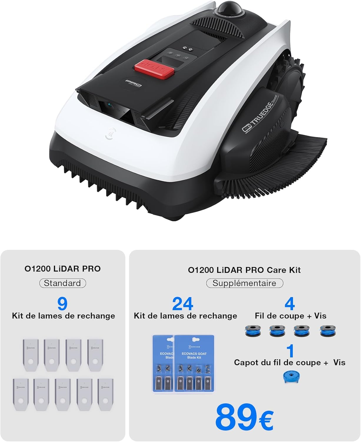 Goat O1200 LiDAR Pro Care Kit Robot Tondeuse sans Fil, 1200 M², Navigation Dual-LiDAR 360°, Cartographie Auto, Évitement d'obstacles 3D par IA, Coupe Précise des Bords