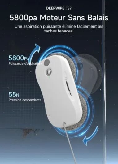 S9 Robot Laveur de Vitre, 5 800 Pa Lave Vitre Automat Nettoyeur, Planification Intelligente du Parcours Double Pulvérisation Réservoir 60ml Système de Sécurité Multicouche