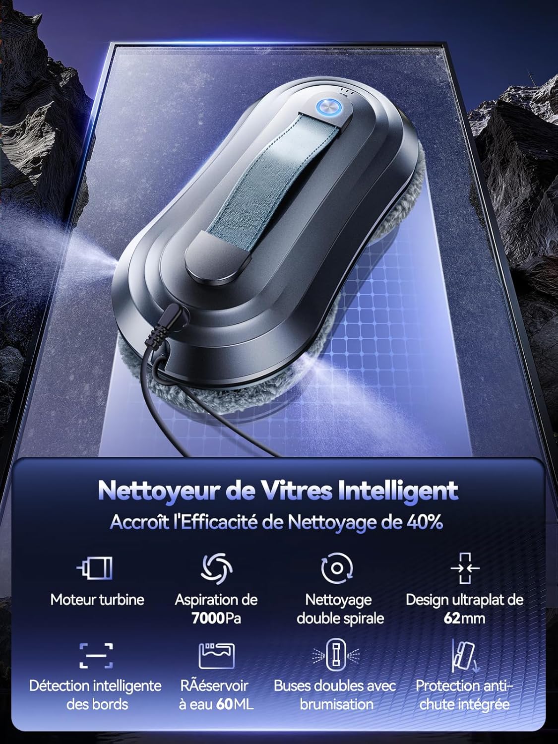 Robot Laveur de Vitre, Fonction Vaporisation, Aspiration Turbo 7000Pa, Silencieux, 3 Modes, Navigation Intelligente, Détection Bords, 10 Lingettes Argent