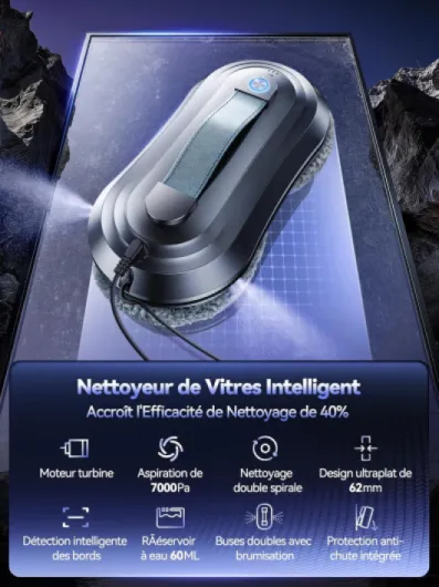 Robot Laveur de Vitre, Fonction Vaporisation, Aspiration Turbo 7000Pa, Silencieux, 3 Modes, Navigation Intelligente, Détection Bords, 10 Lingettes Argent