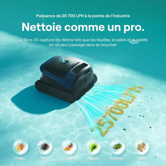 Sora 30 Robot Piscine sans Fil, Aspirateur Piscine Puissant, Nettoyage Complet Fond Parois Ligne d’Eau, Retour Automatique en Surface, Autonomie 5h, Contrôle Via Application – Bleu Profond