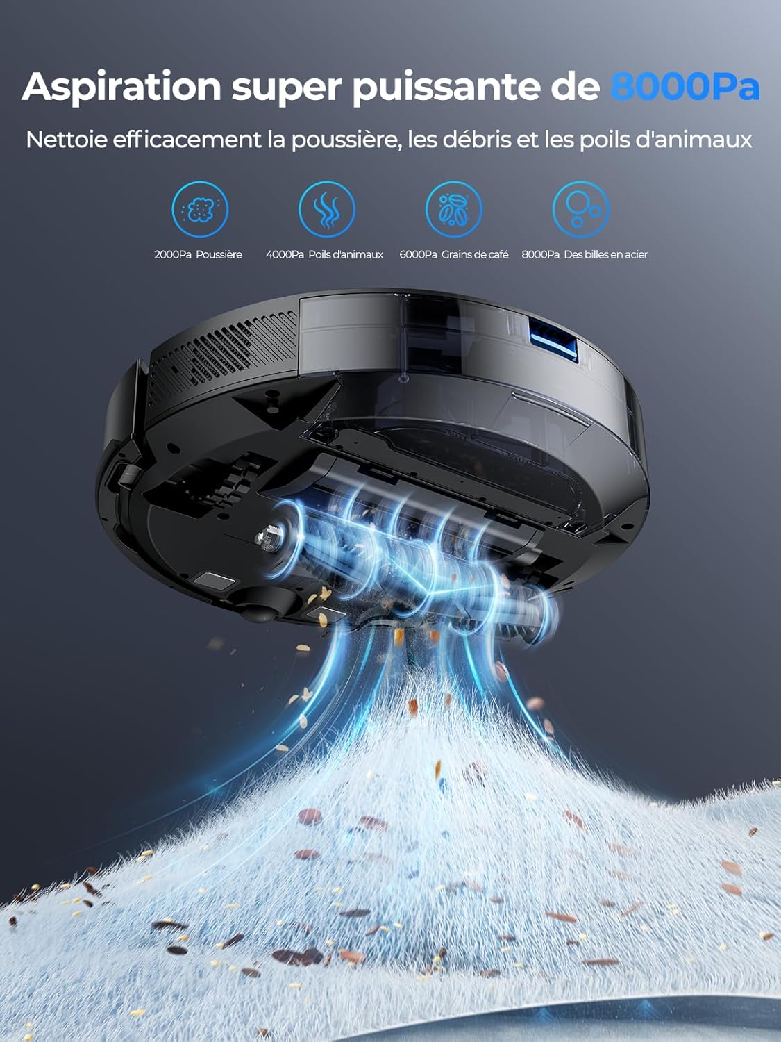Aspirateur Robot, 8000Pa 200Mins Robot Aspirateur Navigation LiDAR Laveur, Robot Laveur de sol, Cartes Pour Sols Multiples, Commande Alexa/APP/WiFi, Idéal Pour Poils d’Animaux, Tapis et Sols Durs Noir