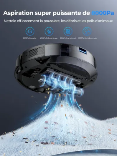 Aspirateur Robot, 8000Pa 200Mins Robot Aspirateur Navigation LiDAR Laveur, Robot Laveur de sol, Cartes Pour Sols Multiples, Commande Alexa/APP/WiFi, Idéal Pour Poils d’Animaux, Tapis et Sols Durs Noir