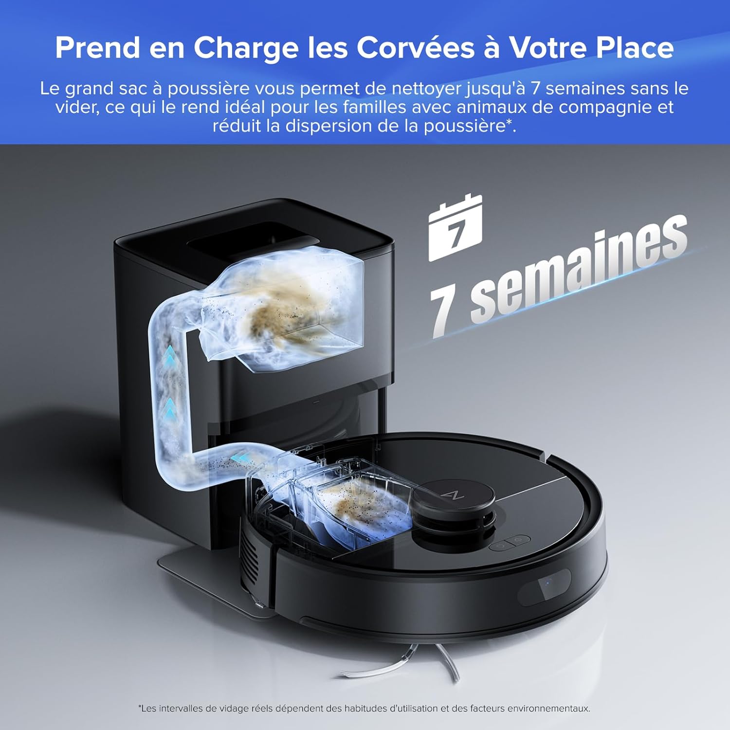 Q7 L5+ Set Aspirateur Robot Laveur avec Station, 8000 Pa Aspiration, Vidange Automatique, 3 Niveaux d'eau, Double Anti-emmêlement, Navigation LiDAR, Idéal pour Poils d'animaux/Tapis, App Set Noir