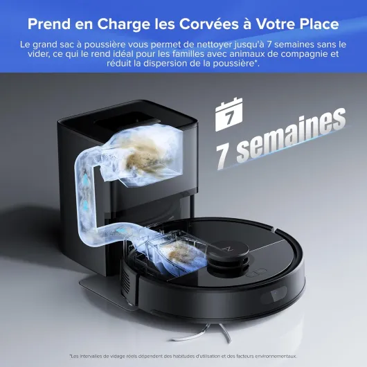 Q7 L5+ Set Aspirateur Robot Laveur avec Station, 8000 Pa Aspiration, Vidange Automatique, 3 Niveaux d'eau, Double Anti-emmêlement, Navigation LiDAR, Idéal pour Poils d'animaux/Tapis, App Set Noir