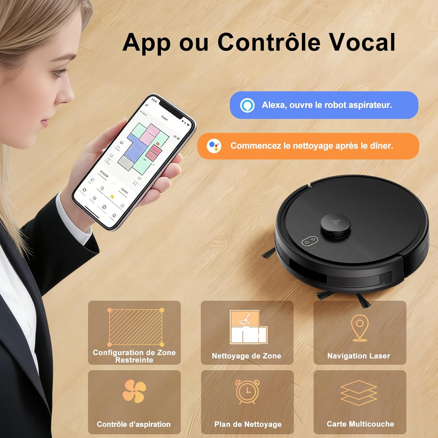 2026 Robot Aspirateur Cartographie Jusqu'à 5000 Pa, 2 en 1 Aspirateur Robot Laveur Navigation LiDAR, 120 Mins, WiFi/App/Voix, Évitement Intelligent d'obstacles Idéal Pour les Poils d'animaux, Noir