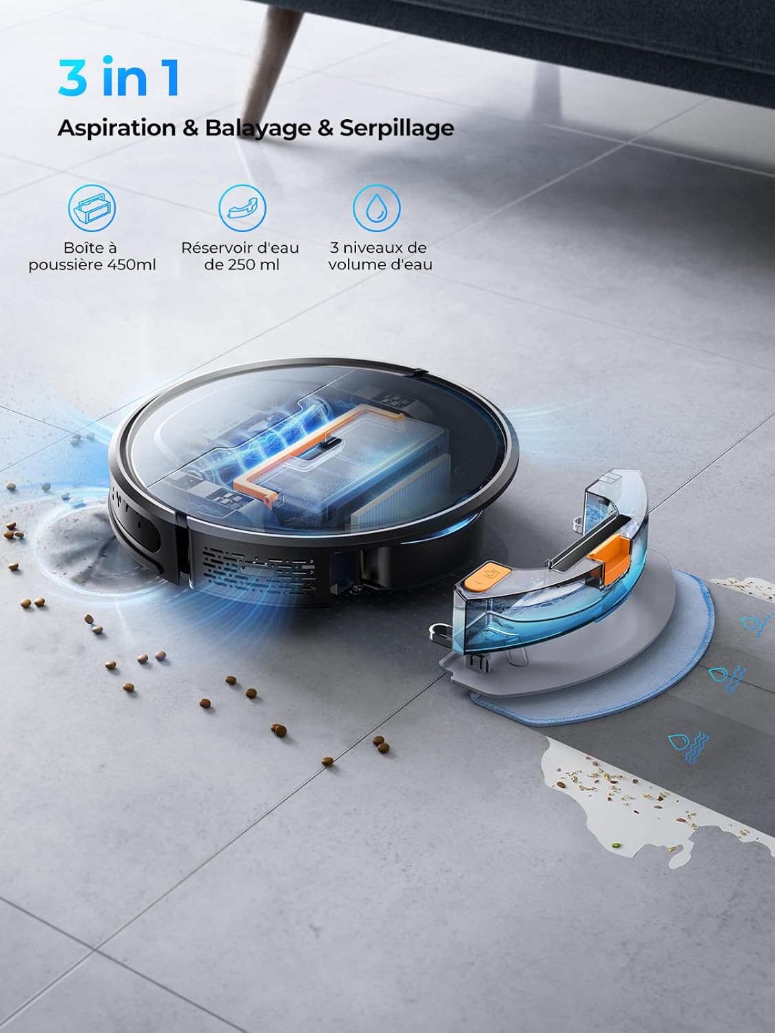 Aspirateur Robot Evol 3, Robot Aspirateur Laveur 3 en 1,Robot Aspirateur 8000Pa d'Aspiration,180min d'Autonomie, avec contrôle par Application, idéal pour Les Poils d'animaux, Les Noir L
