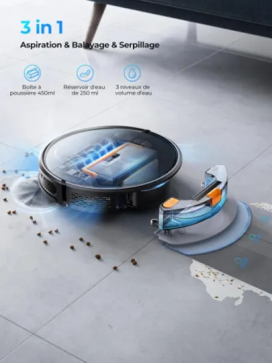 Aspirateur Robot Evol 3, Robot Aspirateur Laveur 3 en 1,Robot Aspirateur 8000Pa d'Aspiration,180min d'Autonomie, avec contrôle par Application, idéal pour Les Poils d'animaux, Les Noir L