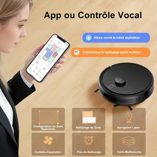 Robot Aspirateur Laveur avec Cartographie Navigation LDS, Jusqu'à 5000Pa WiFi/App/Voix Balaye, Aspire, Lave et Passe la Serpillière, Autonomie 120min, Capteurs Anti-Chute et 2 Brosses Latérales, Noir