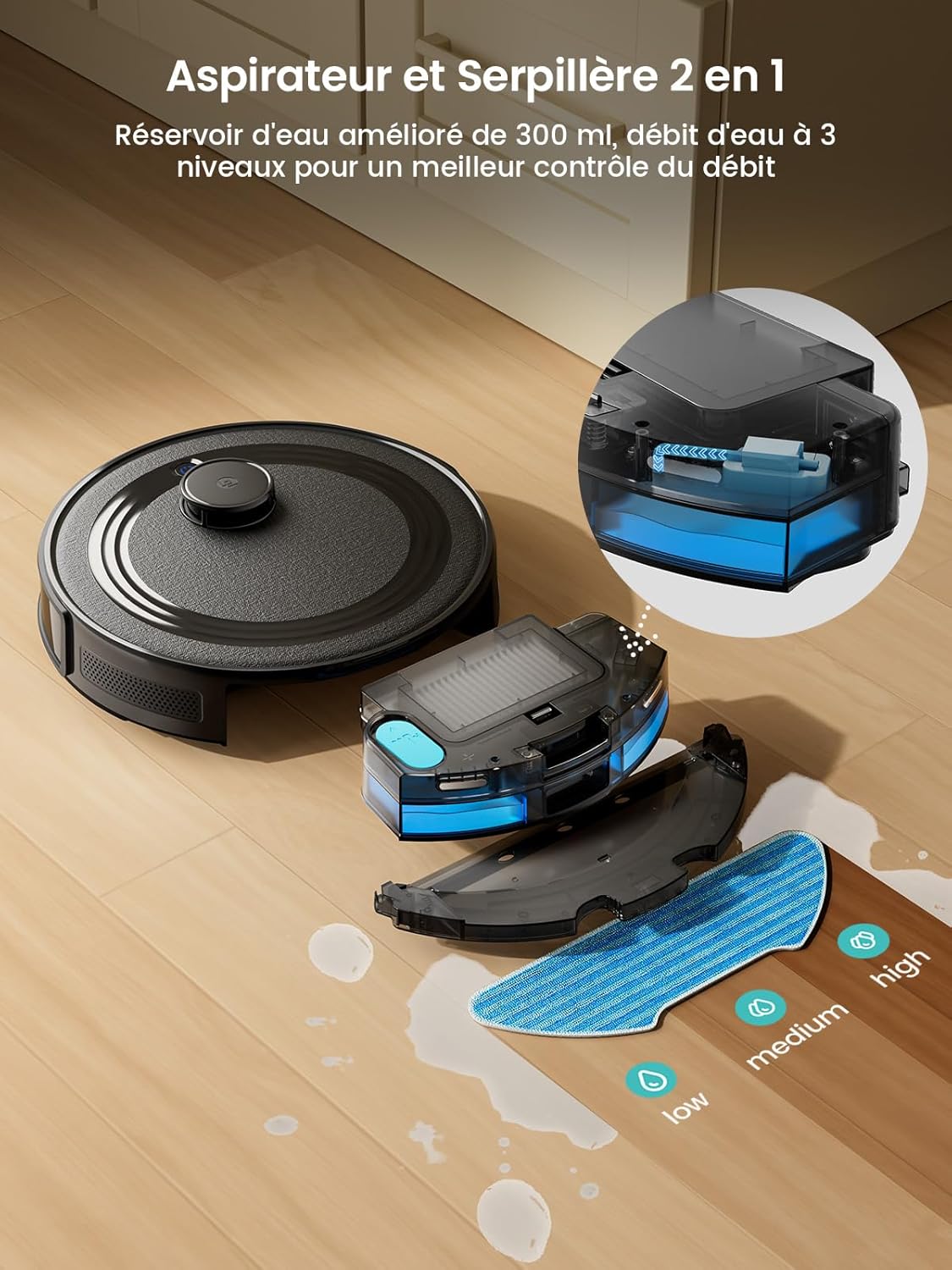 M2 Robot Aspirateur Laveur, Navigation Laser, Aspiration de 6000Pa, Technologie d'évitement PSD, Cartographie, Nettoyage Personnalisé, Autonomie de 160 Minutes, Contrôle Via APP/Alexa/WiFi Noir Jade Encre