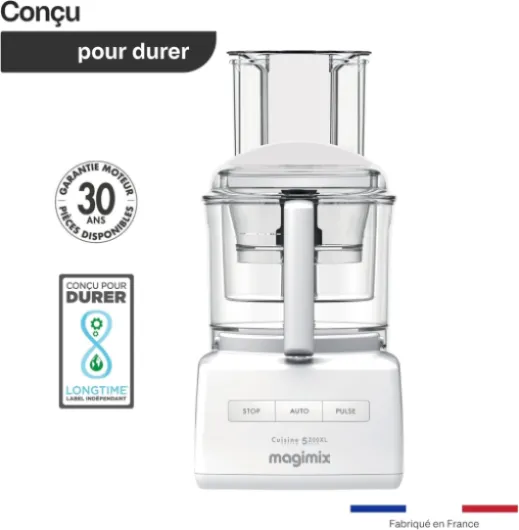 Robot de Cuisine Multifonction 5200 XL – Hachoir, Blender, Pétrin, Batteur – Accessoires Inclus – Idéal pour Famille – Moteur Professionnel Silencieux 3,6L - Fabriqué EN FRANCE - Blanc