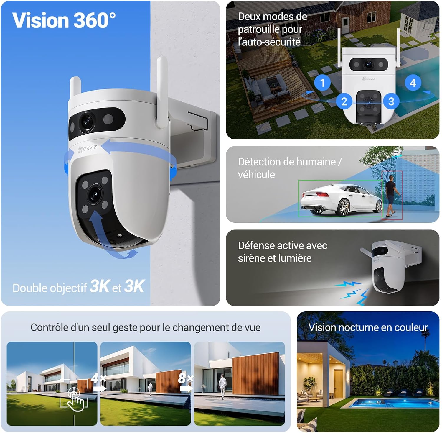5MP+5MP Caméra Surveillance WiFi Extérieure à Double Objectif, 360° PTZ Camera, Suivi Auto, Détection de Forme Humaine/Véhicule,Défense Active,Vision Nocturne Couleur 40M, C9c 3K Dual Dual 5mp+5mp