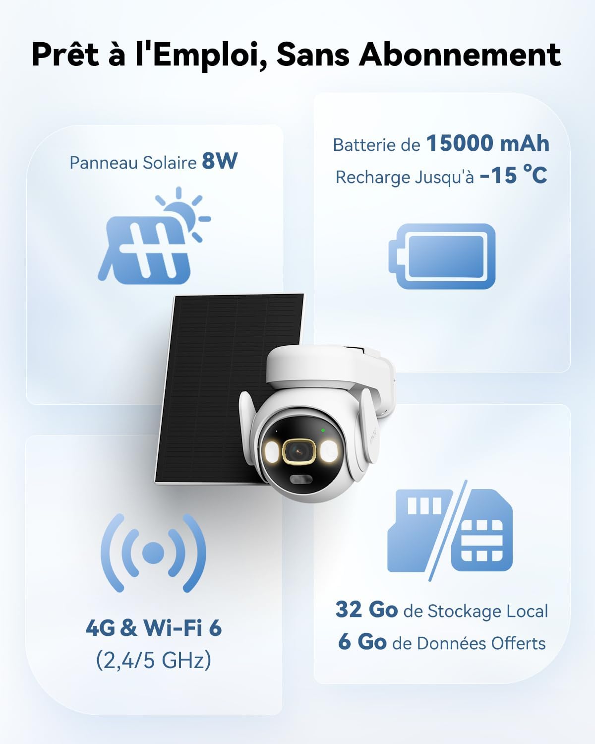 4K Caméra Surveillance WiFi Exterieure sans Fil, Caméra Solaire 4G+Carte SIM, AOV 24/7 Enregistrement, WiFi 6(2,4/5GHz),15000mAh,25m Détection Personne/Véhicule/Animal,Mode Privé,Carte SD Incluse 4K(8MP)