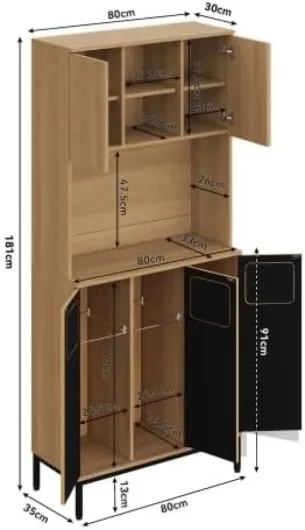 Armoire de cuisine avec tri sélectif, 181 cm de haut, avec 3 compartiments à déchets, étagère pour micro-ondes et espace de rangement, armoire étroite aspect chêne, 80 x 35 x 181 cm Naturel - Breit (3-Türig)
