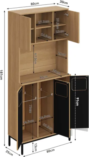 Meuble De Rangement Naturel 80cm, Buffet Haut avec Tri des Déchets (3 Bacs), Micro-Ondes, Station Robot, Pieds Réglables, 181 × 80 × 35 cm Naturel 181 x 80 x 35 cm