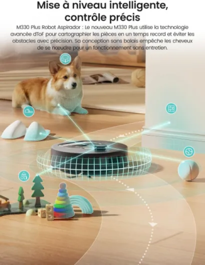 M330 Plus Robot Aspirateur Laveur 3en1, 5000Pa, Navigation LiDAR Précise, Système Freemove 2.0, Anti-Emmêlement, Zone Interdite Intelligente, 3 Niveaux d'Aspiration, 160Min, APP/Alexa, Noir