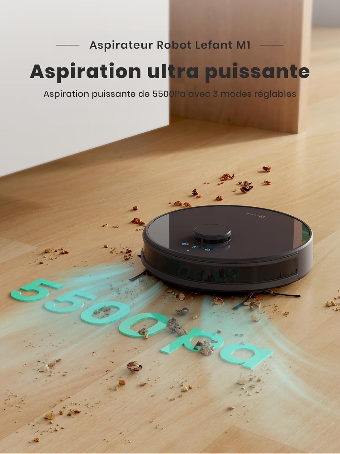 M1 Robot Aspirateur Laveur 2 en 1, 5500Pa, Navigation LiDAR, Cartographie Multi-étage, Zones Virtuelles, Connecté par Alexa/APP/WiFi, Idéal pour Poils d'animaux, Tapis et Sols Durs, Noir
