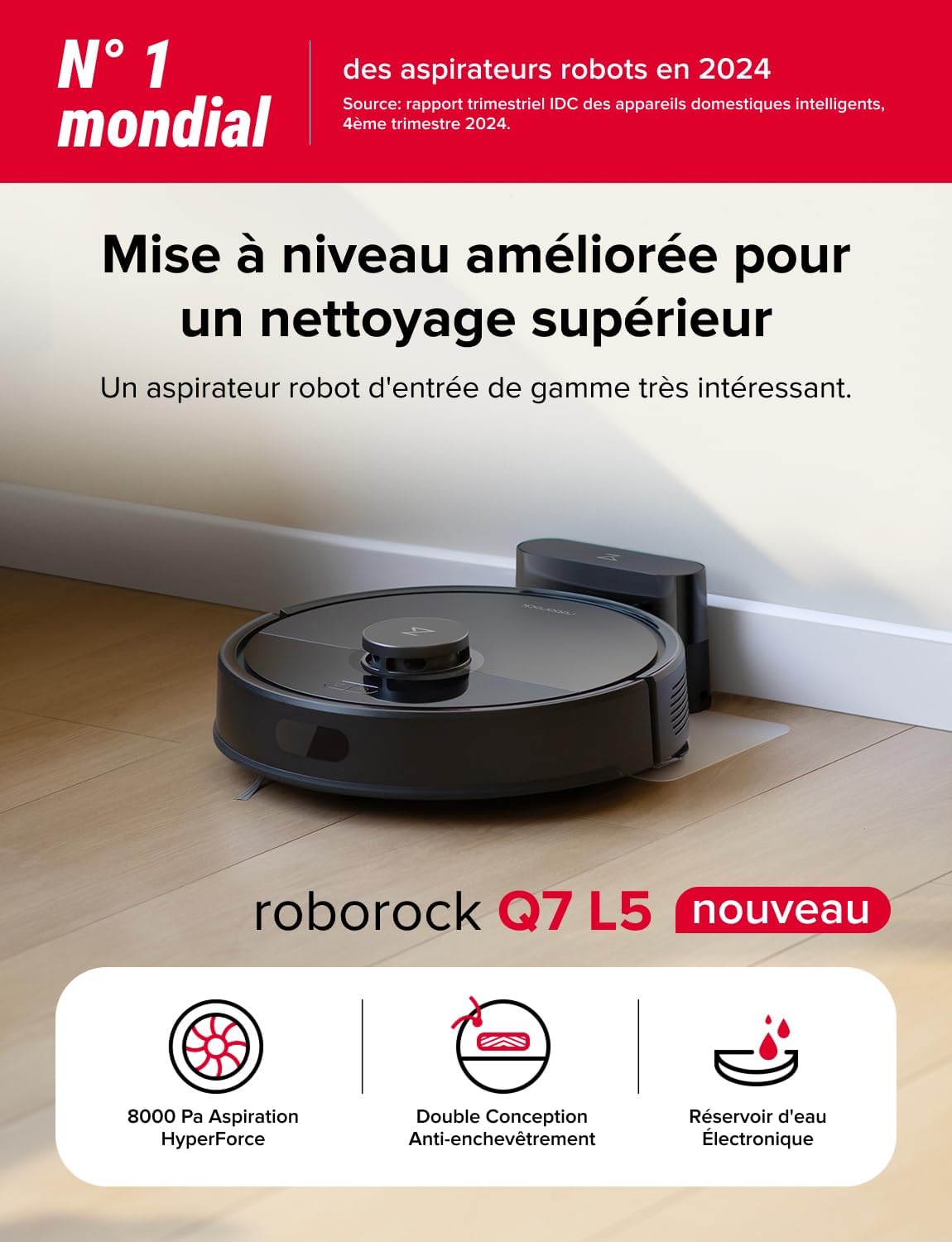 Q7 L5 Aspirateur Robot, 8000 Pa Aspiration HyperForce, Double Anti-emmêlement, Navigation LiDAR Précise, Zone Interdite Intelligente, Cartographie Multi-Niveaux, Recharge Auto, APP/Alexa Noir