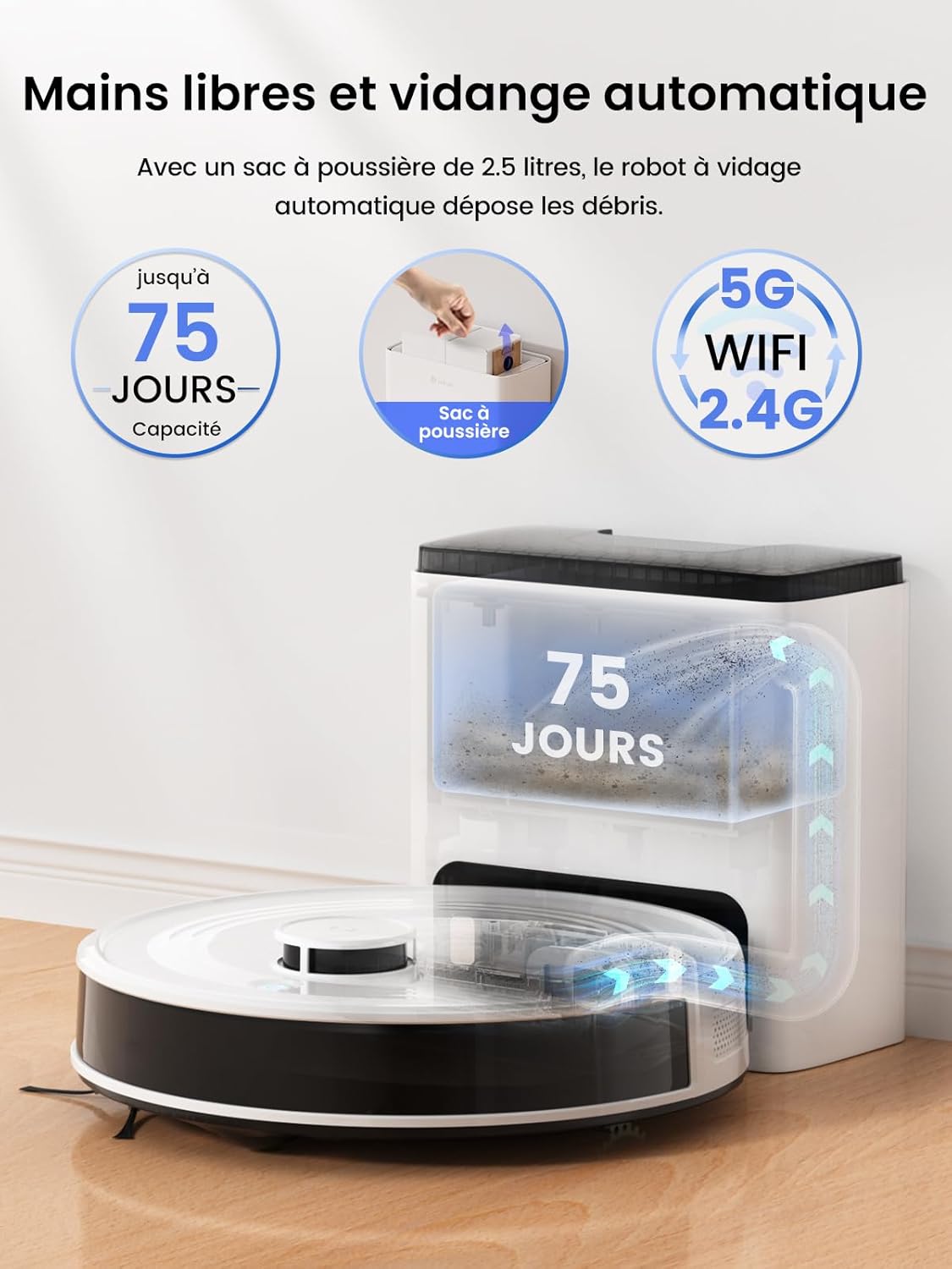 M2 Plus Aspirateur Robot Laveur avec Station, Vidange Automatique, Navigation Laser avec Cartographie, Évitement d'obstacles PSD, 6000Pa, Nettoyage Personnalisé, Idéal pour Poils d'animaux, App