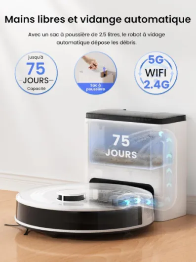 M2 Plus Aspirateur Robot Laveur avec Station, Vidange Automatique, Navigation Laser avec Cartographie, Évitement d'obstacles PSD, 6000Pa, Nettoyage Personnalisé, Idéal pour Poils d'animaux, App