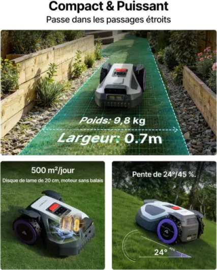M9 Robot Tondeuse, RTK&4G, Gestion Zones, Programmation, Hauteur Coupe 3-7 cm, 1000m² (1200m² Max)