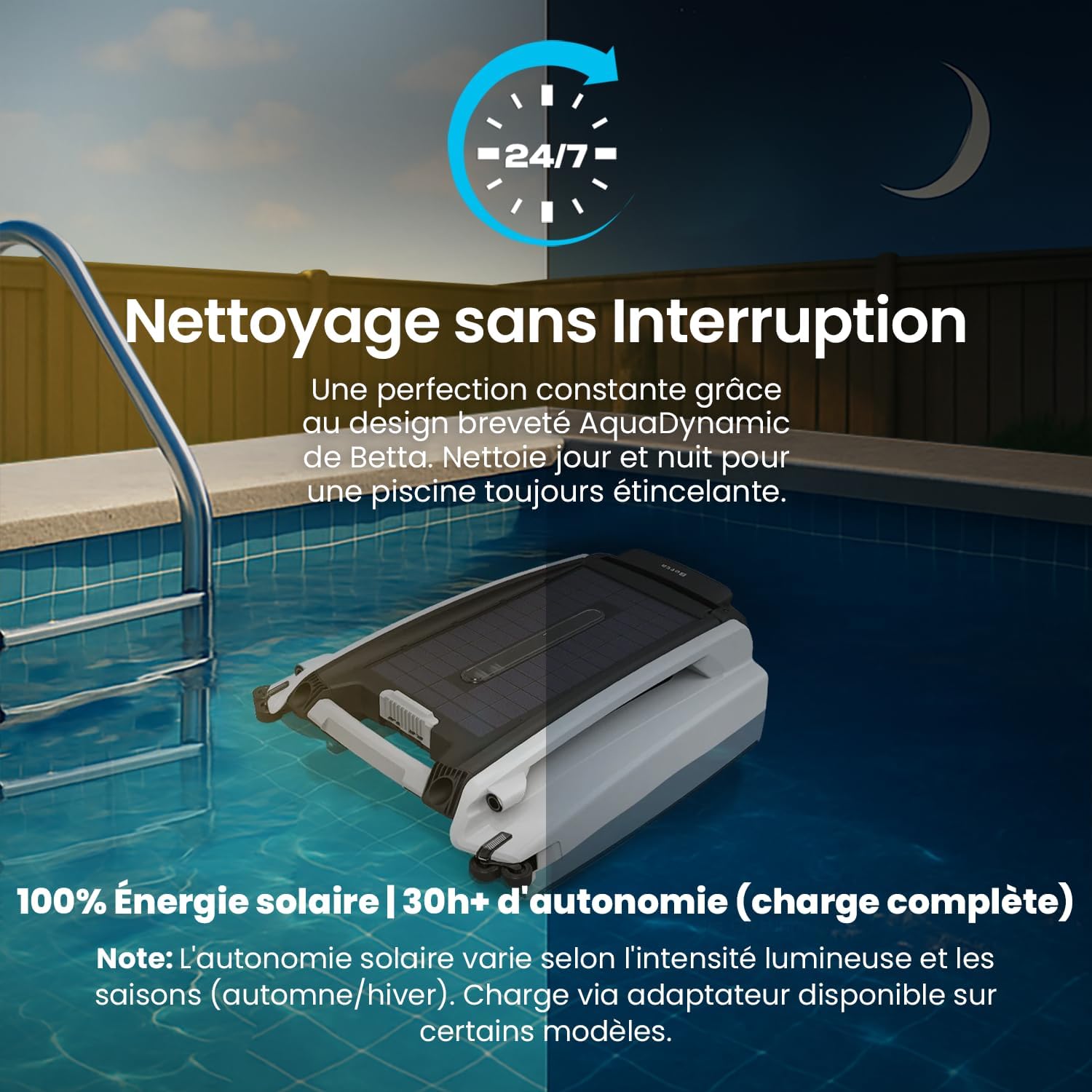 Betta SE Robot Nettoyeur Skimmer Solaire de Surface Piscine, Autonomie 30h, Moteurs Résistants Sel/Chlore, Anti-Obstacle Intelligent, Nettoyage Automatique 24/7 - Blanc