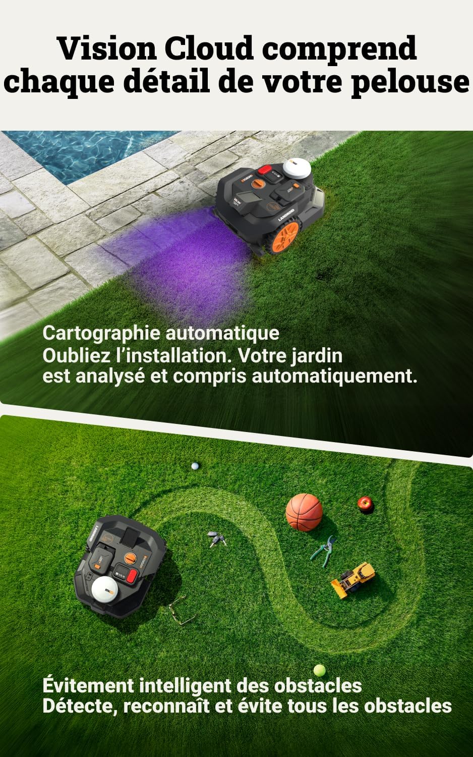 Vision Cloud 2WD Robot Tondeuse WR304E, sans Fil périphérique, jusqu'à 400 m² (évitement d'obstacles par IA, Navigation VSLAM + RTK Cloud, cartographie Automatique, contrôle Via l'application) 400 m² 2WD - Robot tondeuse