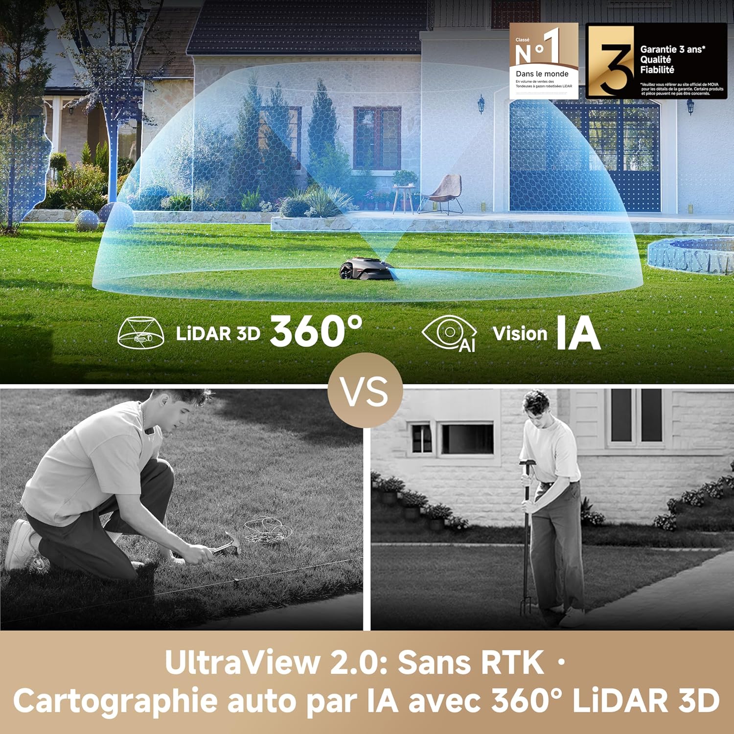 LiDAX Ultra 800 Robot Tondeuse sans Fil périphérique, Recommandé 800 m², Cartographie IA & LiDAR 3D 360° sans RTK, Coupe Bordures 5 cm, Sécurité Animaux, Toutes Terrains, Tonte en U Efficace
