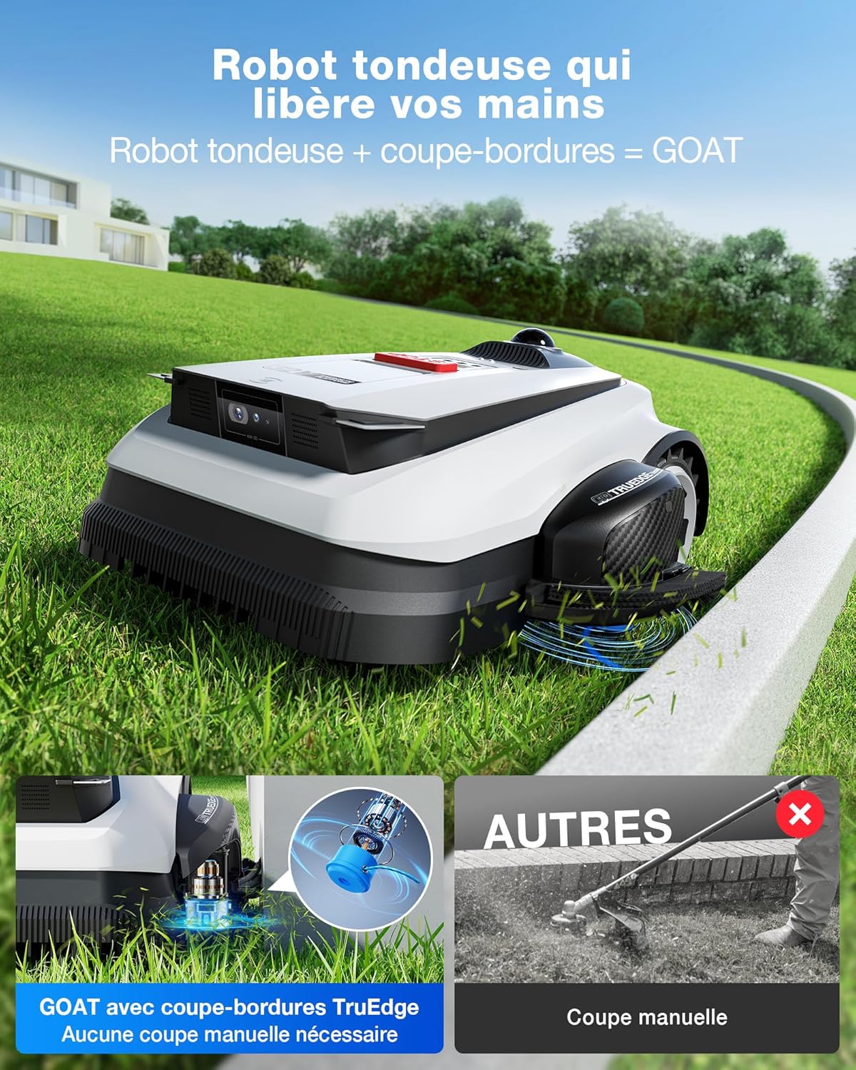 Goat A1600 LiDAR Pro Robot Tondeuse sans Fil, 1600 M², Navigation Dual-LiDAR 360°, Cartographie Automatique, Évitement d'obstacles 3D par IA, Charge Ultrarapide, Montée des Pentes de 50%