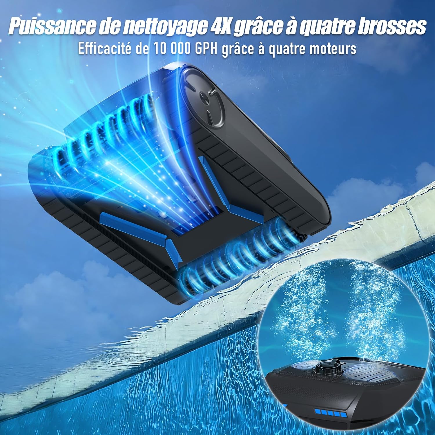Robot de Piscine sans Fil à Batterie, détection ultrasons, Navigation Intelligente, Nettoyage Fond, parois & Ligne d’Eau, autonomie 150 Min, pour piscines Jusqu’à 300 m² PC200 Lite Noir