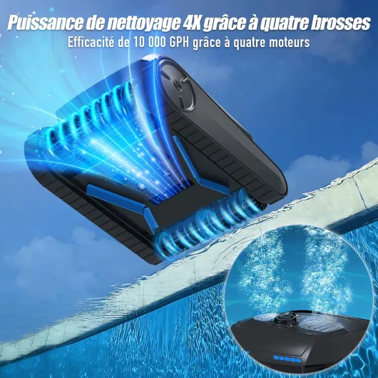 Robot de Piscine sans Fil à Batterie, détection ultrasons, Navigation Intelligente, Nettoyage Fond, parois & Ligne d’Eau, autonomie 150 Min, pour piscines Jusqu’à 300 m² PC200 Lite Noir