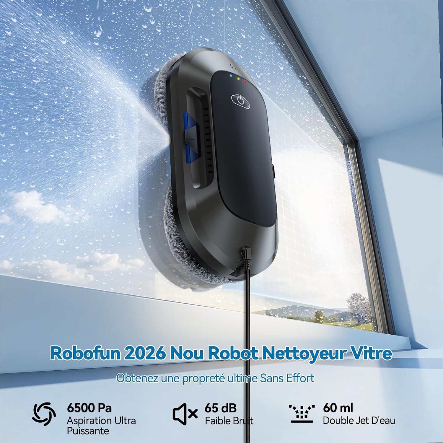 W23D Robot Laveur de Vitre, 6500Pa Robot Nettoyeur de Vitres, Fonction Vaporisation, Navigation Intelligente, Détection Bords, Technologie de Nettoyage en Spirale,pour Un Entretien Efficace des Vitres
