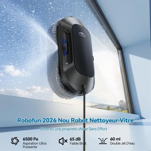 W23D Robot Laveur de Vitre, 6500Pa Robot Nettoyeur de Vitres, Fonction Vaporisation, Navigation Intelligente, Détection Bords, Technologie de Nettoyage en Spirale,pour Un Entretien Efficace des Vitres