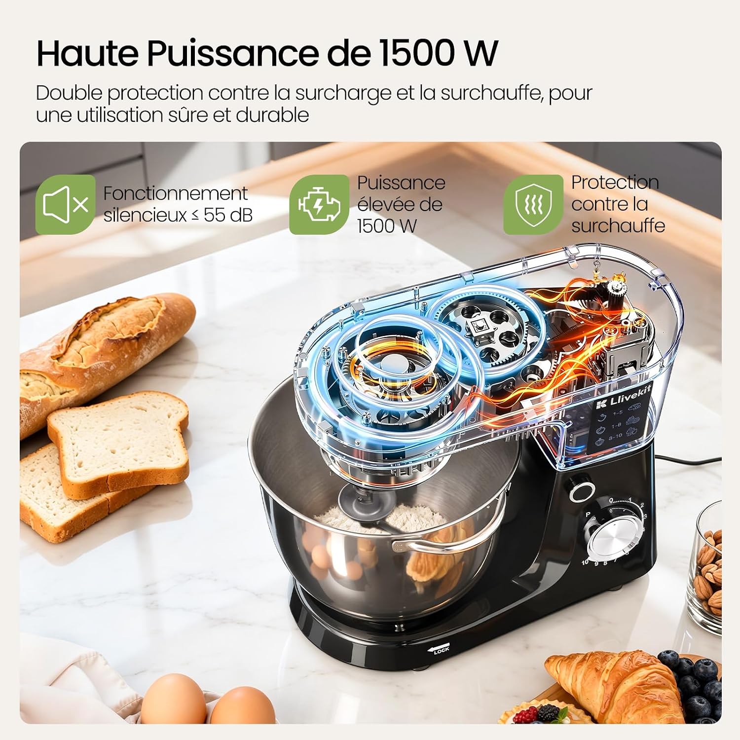 1500W Robot Pâtissier 5,2 L, Pétrin Multifonction avec 10 Vitesses + Pulse, Bol Acier Inoxydable 304, Protection Contre la Surchauffe, Robot Cuisine pour Pâtisserie Maison