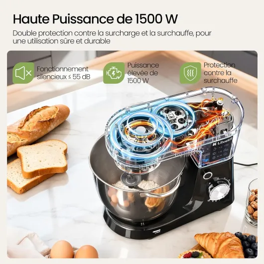 1500W Robot Pâtissier 5,2 L, Pétrin Multifonction avec 10 Vitesses + Pulse, Bol Acier Inoxydable 304, Protection Contre la Surchauffe, Robot Cuisine pour Pâtisserie Maison