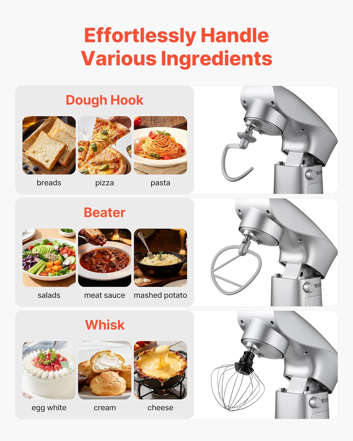 Robot Pâtissier 4,2 L, Batteur sur Socle 1500 W, Mixeur à Pâte 10 Vitesses et Fonction Pulse, Bol en Inox, Tête Inclinable, avec Crochet Pétrisseur, Fouet et Batteur, pour Mélange Pétrissage 4.2L