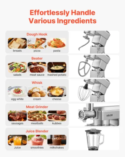 Robot Pâtissier et Culinaire 4,3 L, Batteur sur Socle 1300 W avec Fonction Hachoir à Viande et Blender de 1,5 L, Batteur Mixeur 6 Vitesses avec Pulse, Bol en Inox, Mélange Fouettage Pétrissage 4.3L