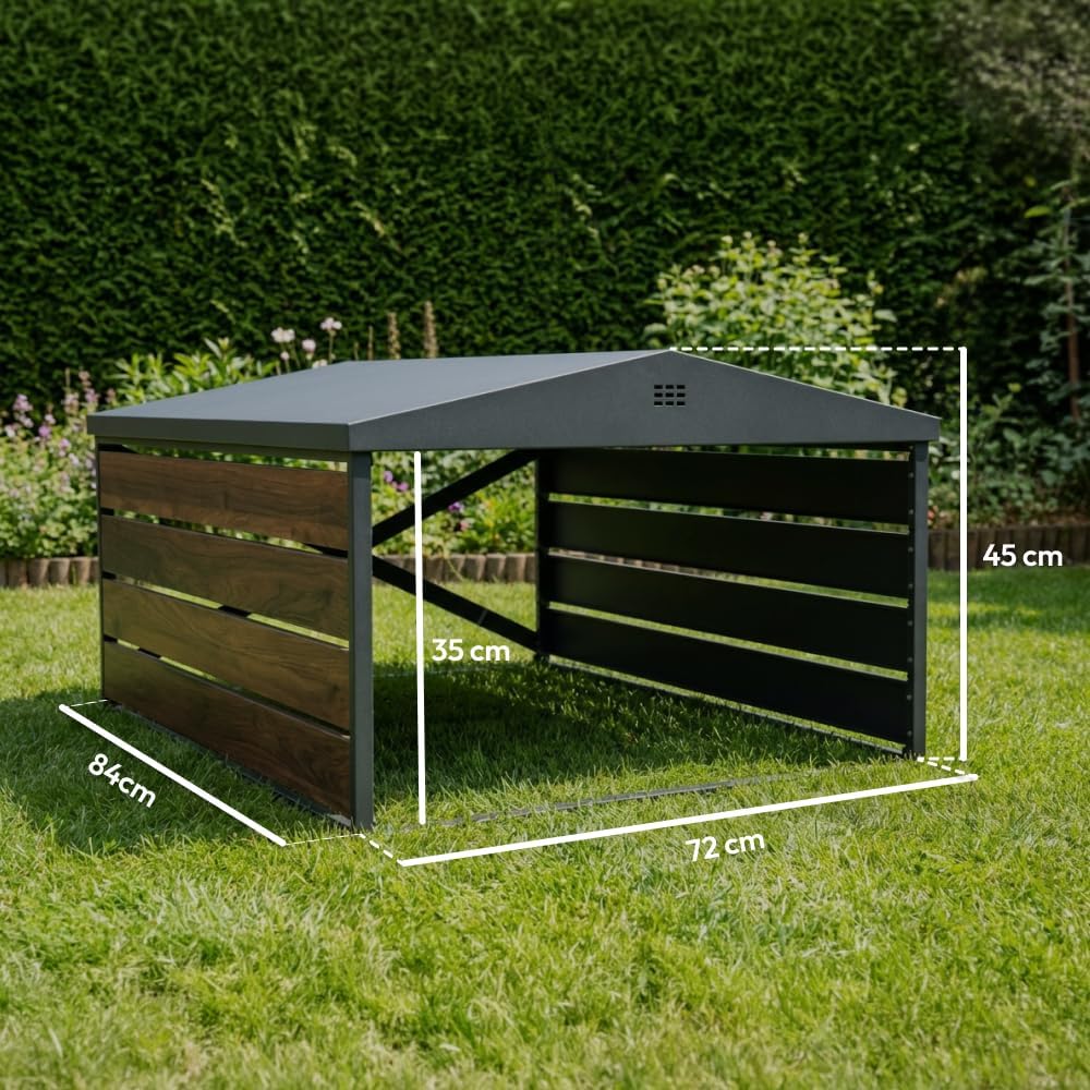 Abri pour robot tondeuse en acier galvanisé noir et bois, Garage design avec toit double pente optimisant l’évacuation de l’eau, 84x72x45cm, abri universel Forme Maison