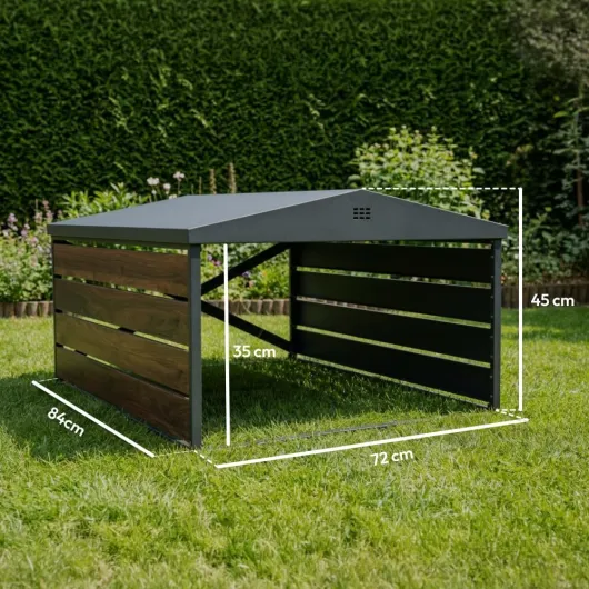 Abri pour robot tondeuse en acier galvanisé noir et bois, Garage design avec toit double pente optimisant l’évacuation de l’eau, 84x72x45cm, abri universel Forme Maison