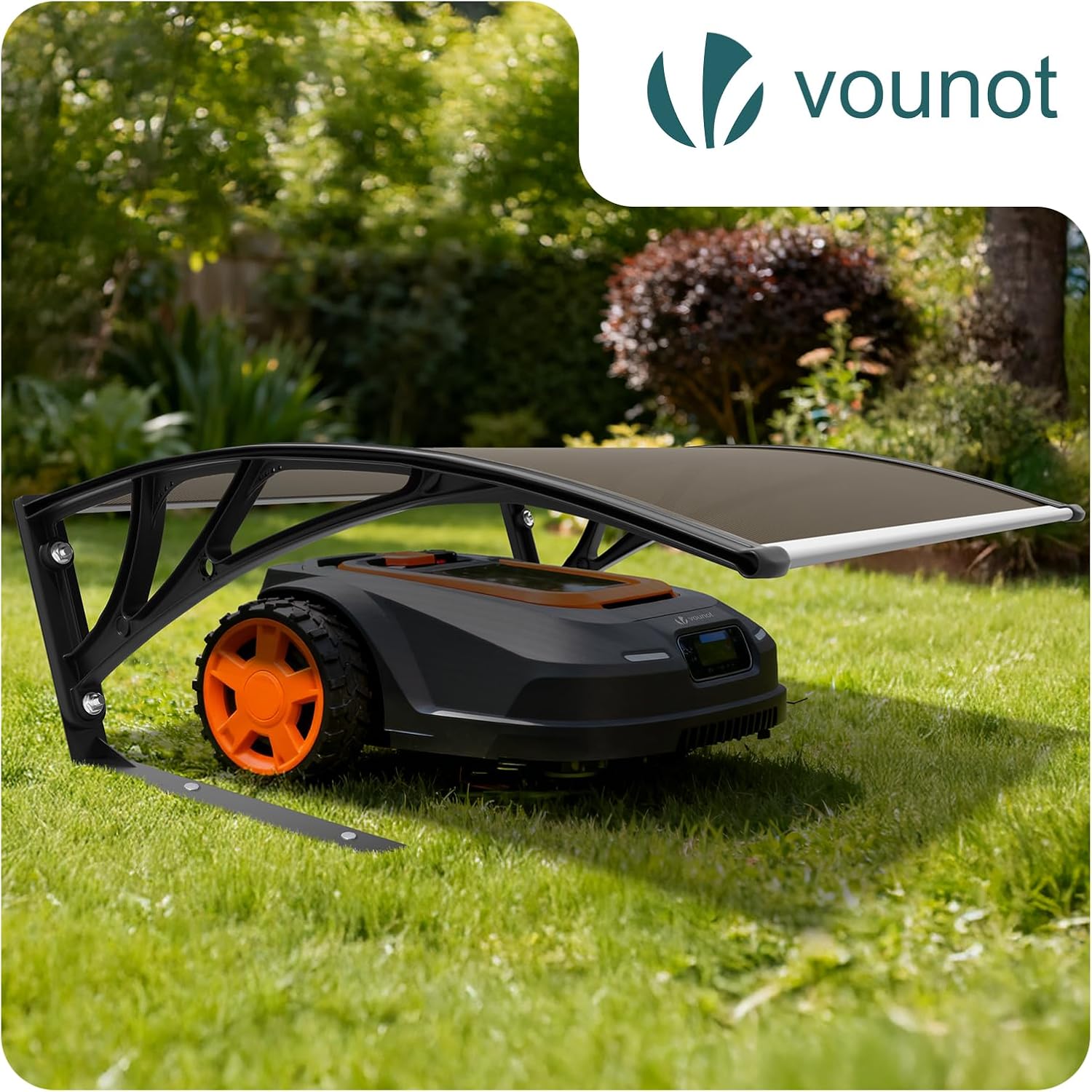 ® Garage de Tondeuse Robot 104x80x45 cm Abri pour Robot avec Pied en Métal Tondeuse Protection Exterieur Contre Pluie UV et Intemperies Toit Rigide pour Jardin Pelouse Marron Foncé