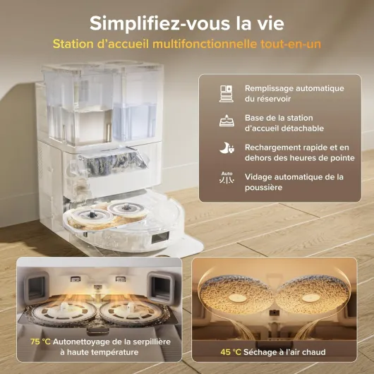 Qrevo S Pro Robot Aspirateur Laveur, 18 500 Pa, 45 °C Séchage à l’air Chaud, 75 °C Autonettoyant à Haute Température, Évitement d'obstacles et Navigation Intelligente, Anti-enchevêtrements Blanc