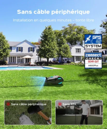 M800Plus Robot Tondeuse sans Fil Périphérique, Jusqu’à 800 m², Coupe en U, GPS + Vision IA, Contrôle Via App, Évitement de 150 Obstacles（Noir et Bleu）