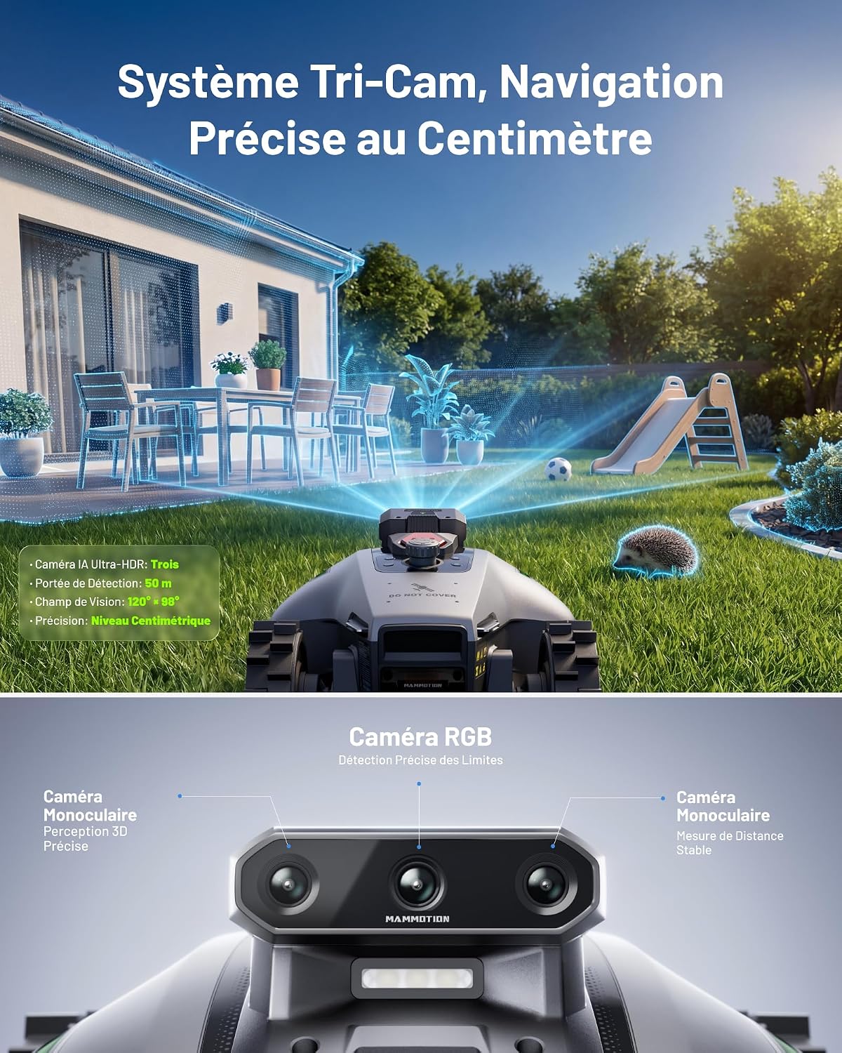 YUKA Mini 2 500 Robot Tondeuse, jusqu'à 500m², Zéro Perte de Signal, sans RTK, AI Traitement d’Image à Trois Caméras, Auto Cartographie Multi-Zones, DropMow